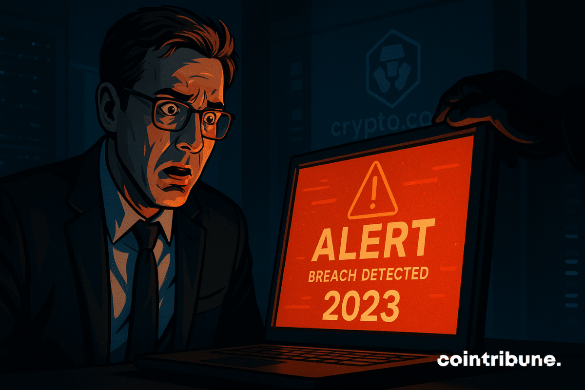 A stunned reporter discovers a cyberattack on Crypto.com, illuminated by a red screen displaying “2023” and “Alert.”