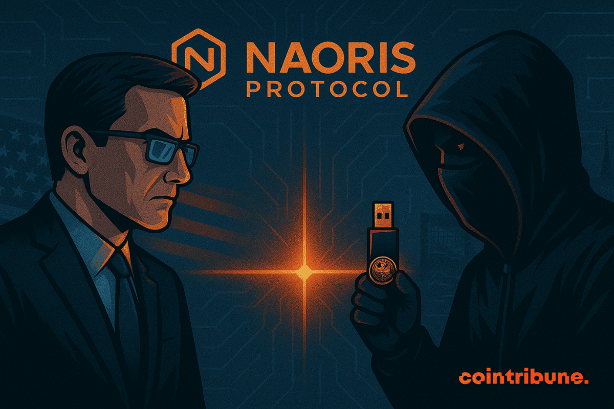 Un funcionario del gobierno se enfrenta a un hacker encapuchado que sostiene una memoria USB etiquetada con un sello de seguridad, bajo el logotipo del Protocolo Naoris, que simboliza las amenazas a la ciberseguridad y la necesidad de una infraestructura de confianza descentralizada.