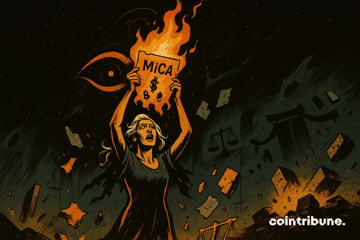 Femme en feu brandissant MiCA, chaos crypto et justice brisée