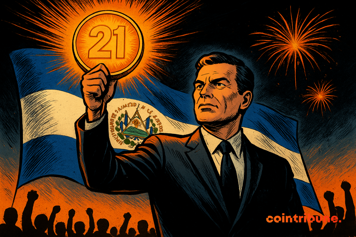 Um líder levanta um Bitcoin brilhante marcado com "21" diante da bandeira de El Salvador, enquanto fogos de artifício e multidões comemoram.