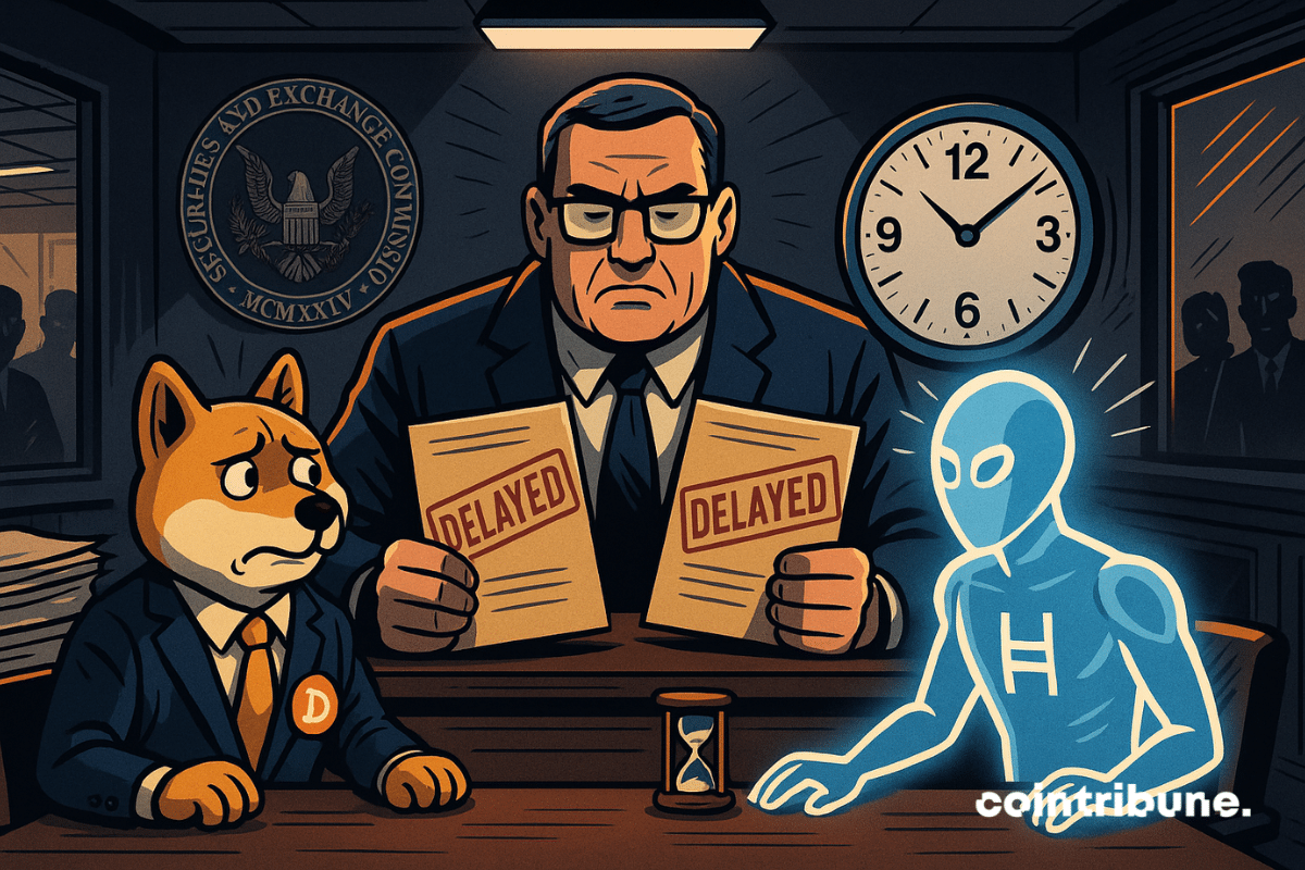 Un agent de la SEC bloque deux ETF crypto, face à Dogecoin et Hedera, figés dans l’attente sous une horloge implacable