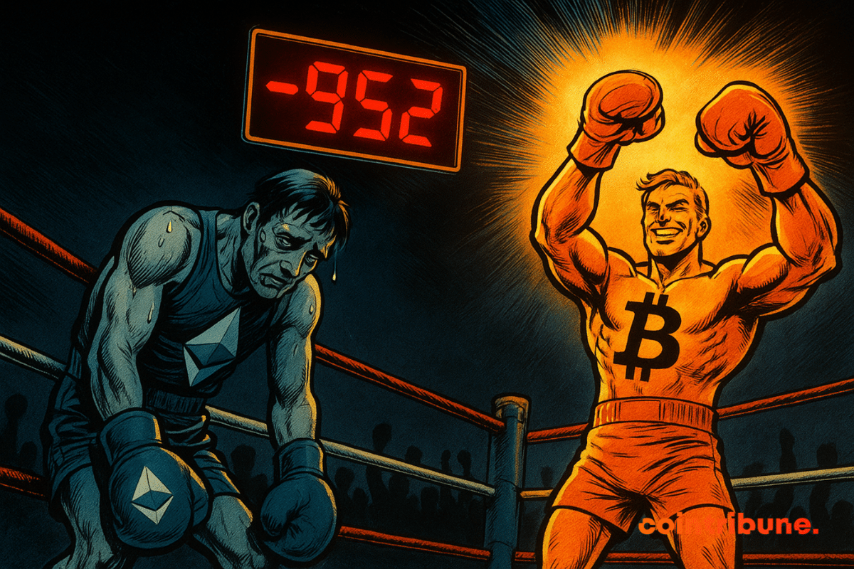 Ethereum s'effondre dans la défaite tandis que Bitcoin rayonne victorieux dans une confrontation de boxe de style comique, -952 brillant au-dessus.
