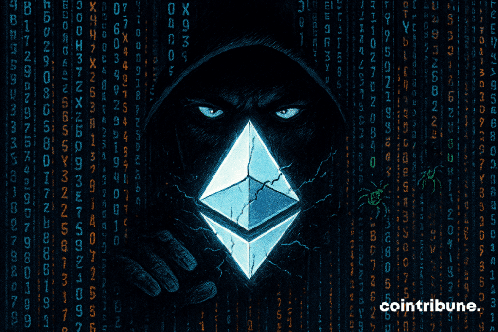 Les yeux brillants d’un pirate informatique à capuche émergent d’un code en cascade tandis qu’un logo Ethereum fissuré rayonne d’une lumière étrange.