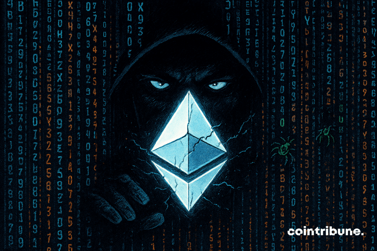 Los ojos brillantes de un hacker encapuchado emergen de un código en cascada mientras un logotipo de Ethereum agrietado irradia una luz inquietante.