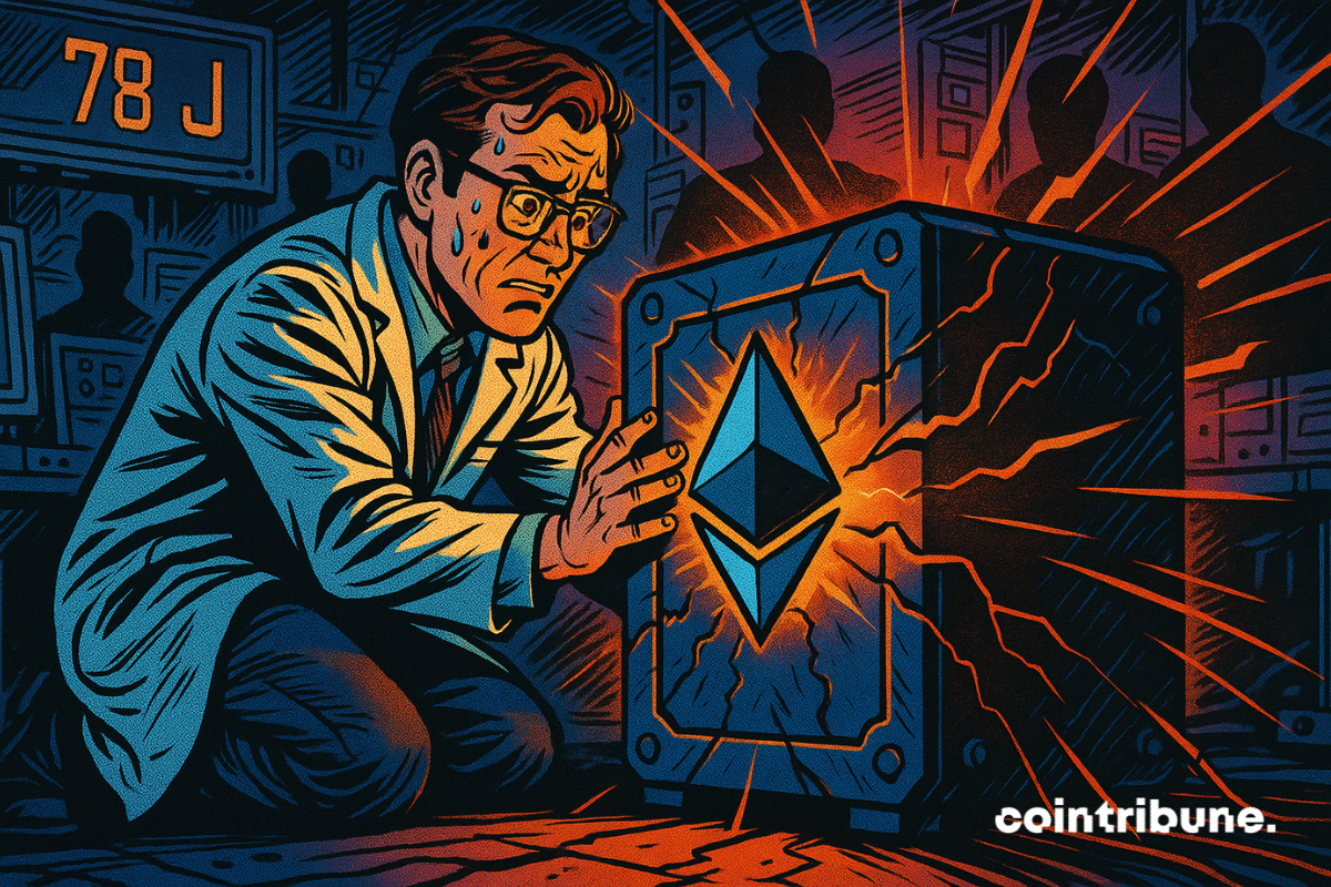 Un scientifique inquiet manipule un coffre Ethereum fissuré, d'où s’échappe une lumière orange intense, annonçant un choc technologique imminent.