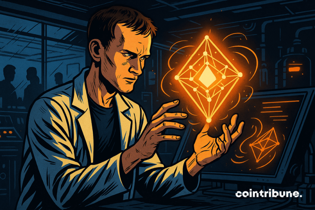 Vitalik Buterin unveils a glowing PeerDAS microprocessor, symbolizing a major technological breakthrough for Ethereum, in a dramatic setting.