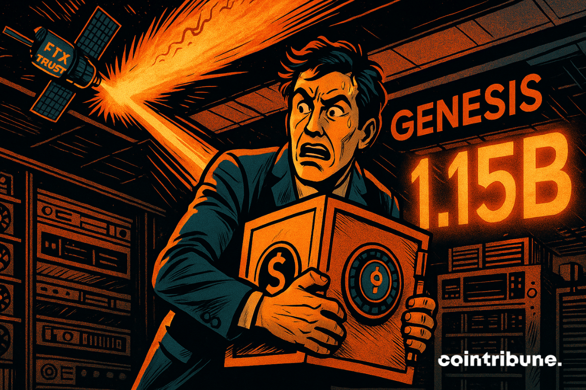 Un homme paniqué protège un coffre-fort numérique, tandis qu’un satellite FTX attaque un centre crypto Genesis en feu.