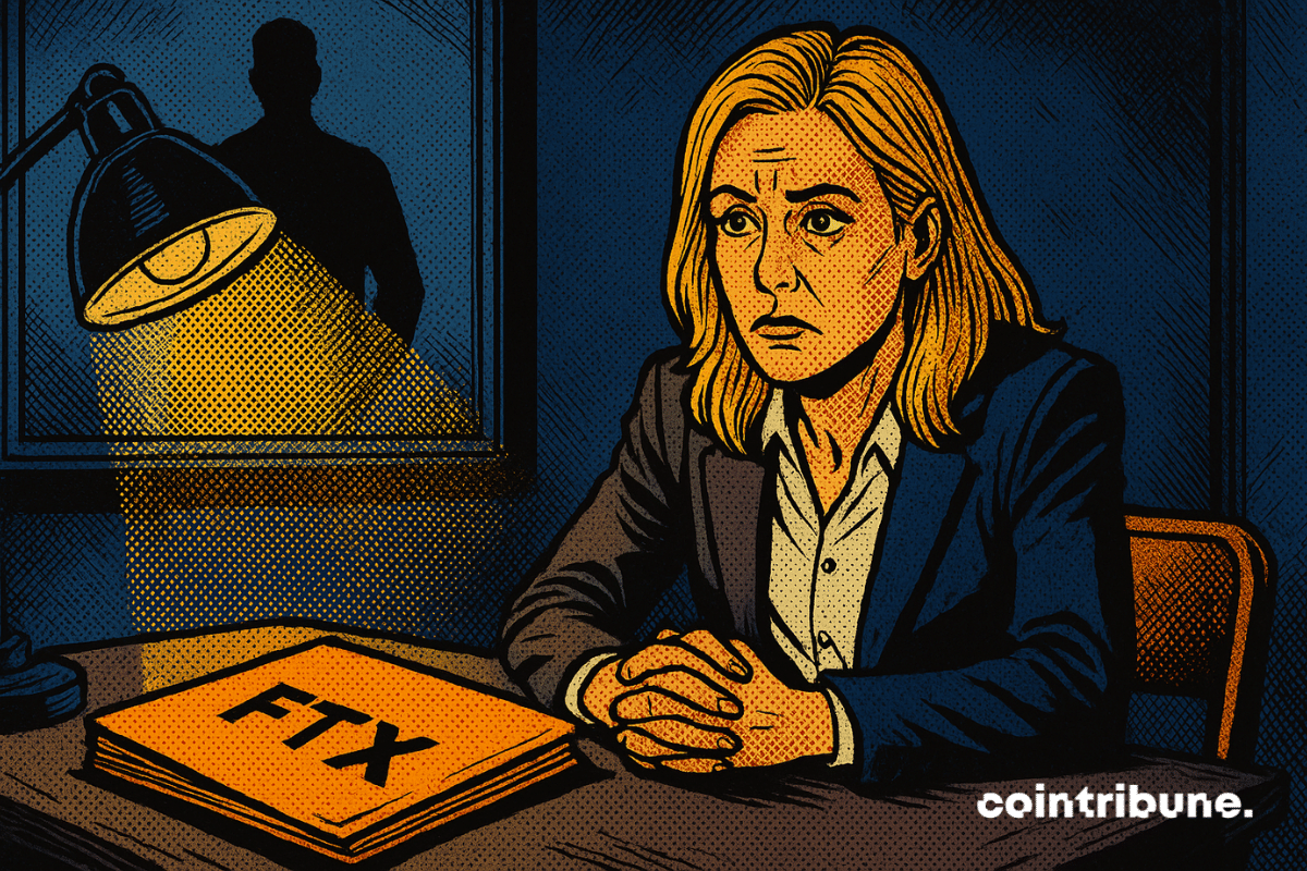 Una mujer ansiosa en un interrogatorio, iluminada dramáticamente, frente a un expediente de FTX. Silueta masculina misteriosa detrás de un cristal.