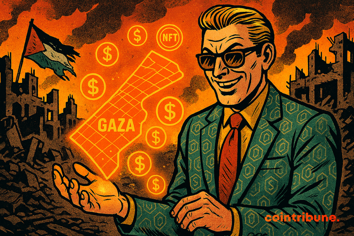 Un homme souriant en costume présente un plan numérique de Gaza entouré de symboles dollar et NFT, sur fond de ruines et de drapeau palestinien.