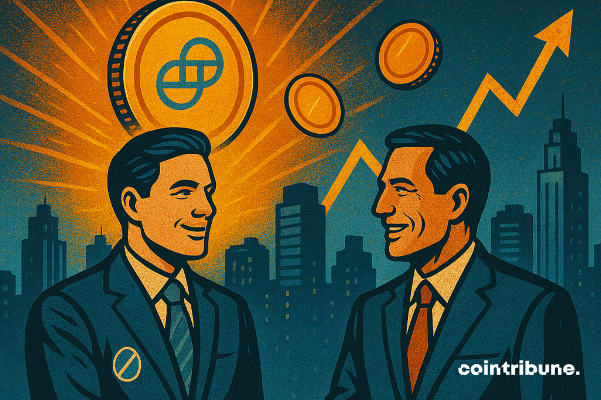 Illustration de deux hommes d'affaires en costume se serrant la main devant un horizon de ville, avec le logo Gemini au-dessus d'eux et des pièces en hausse et une flèche ascendante, symbolisant le lancement de l'introduction en bourse de Gemini et ses ambitions de marché.