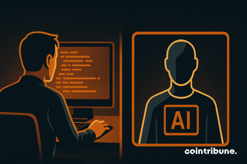 Un développeur code face à son écran, pendant qu'une silhouette d'IA l'observe silencieusement depuis un cadre lumineux orange.