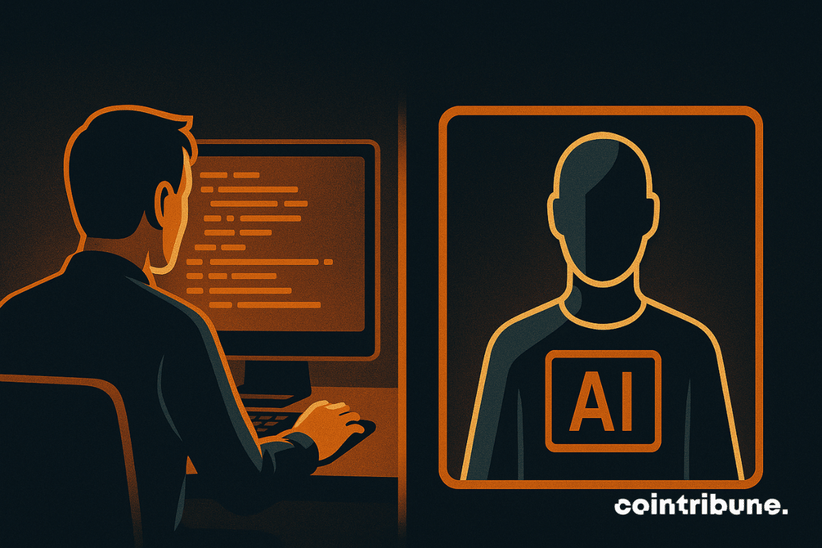 A developer codes in front of his screen, while an AI silhouette silently observes him from an orange light frame.