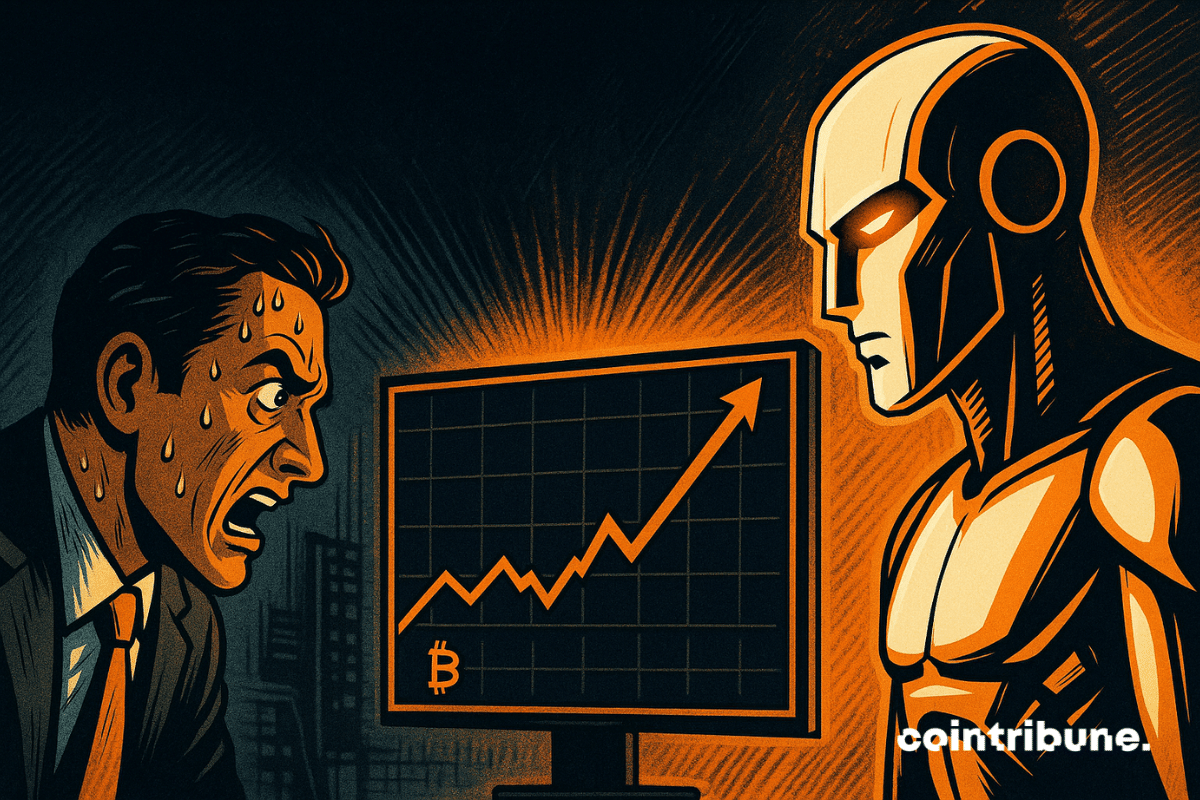 Un broker crypto paniqué affronte une IA imposante, face à un écran crypto affichant une flambée fulgurante de Bitcoin