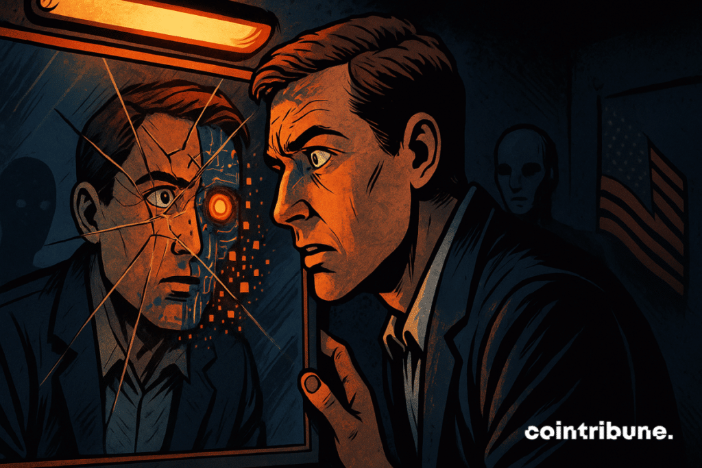 Un homme américain découvre son reflet mi-humain d'IA, mi-cybernétique, dans un miroir brisé, éclairé par une lumière orange inquiétante.