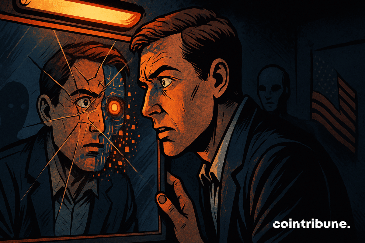 Un homme américain découvre son reflet mi-humain d'IA, mi-cybernétique, dans un miroir brisé, éclairé par une lumière orange inquiétante.