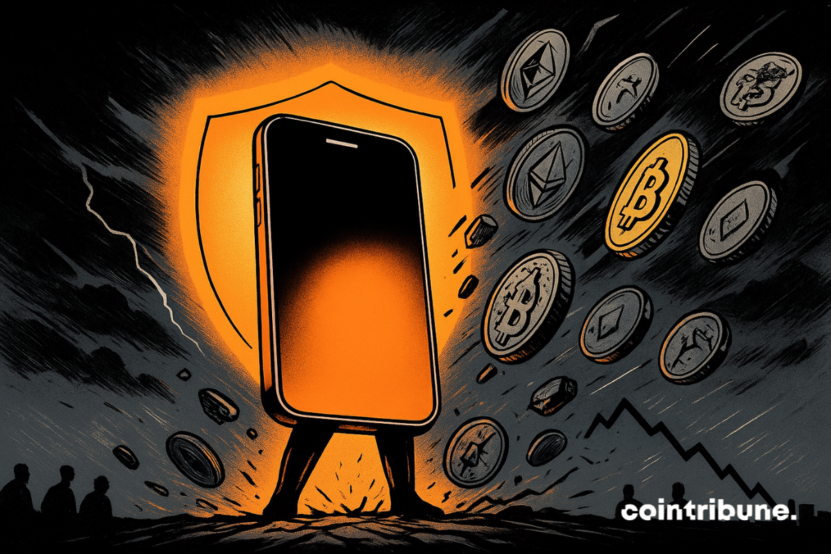 A glowing iPhone 17 stands like a hero, shielding against crashing Bitcoin and Ethereum coins.