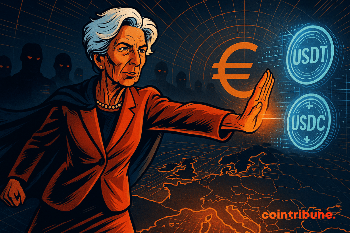 Christine Lagarde bloque fermement les stablecoins USDT et USDC, symbolisant la défense européenne contre l’invasion monétaire numérique étrangère.