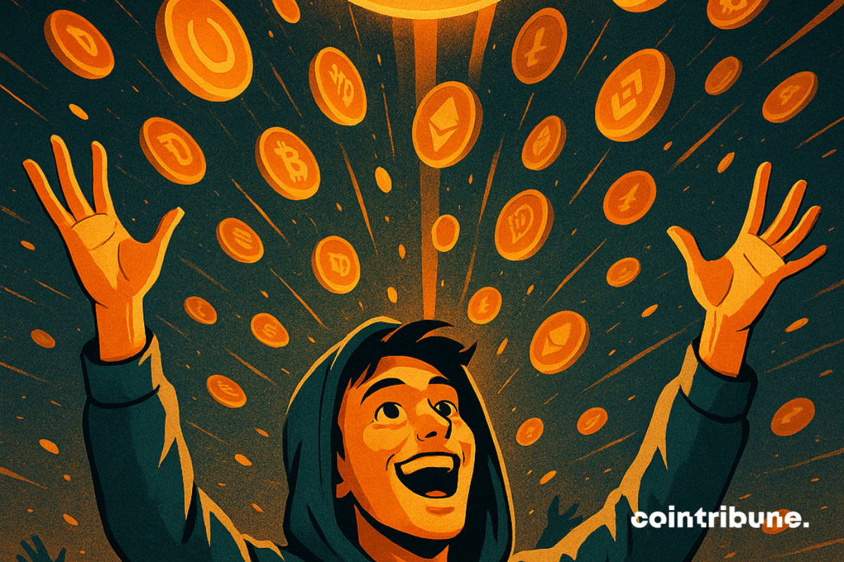 Um jovem trader eufórico levanta os braços sob uma chuva de tokens de criptomoedas com "US$ 171 bilhões" exibido em destaque.