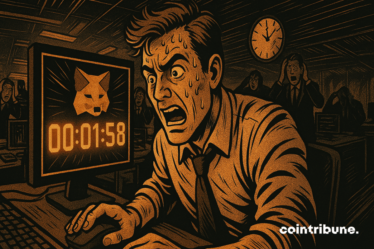 Un trader paniqué fixe un écran affichant un compte à rebours MetaMask, ambiance électrique, tension extrême, sueur et chaos palpable.