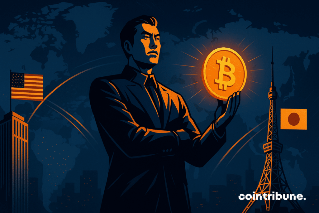 Um estrategista japonês segura um Bitcoin brilhante entre um arranha-céu americano e a Torre de Tóquio, simbolizando a expansão global da Metaplanet.