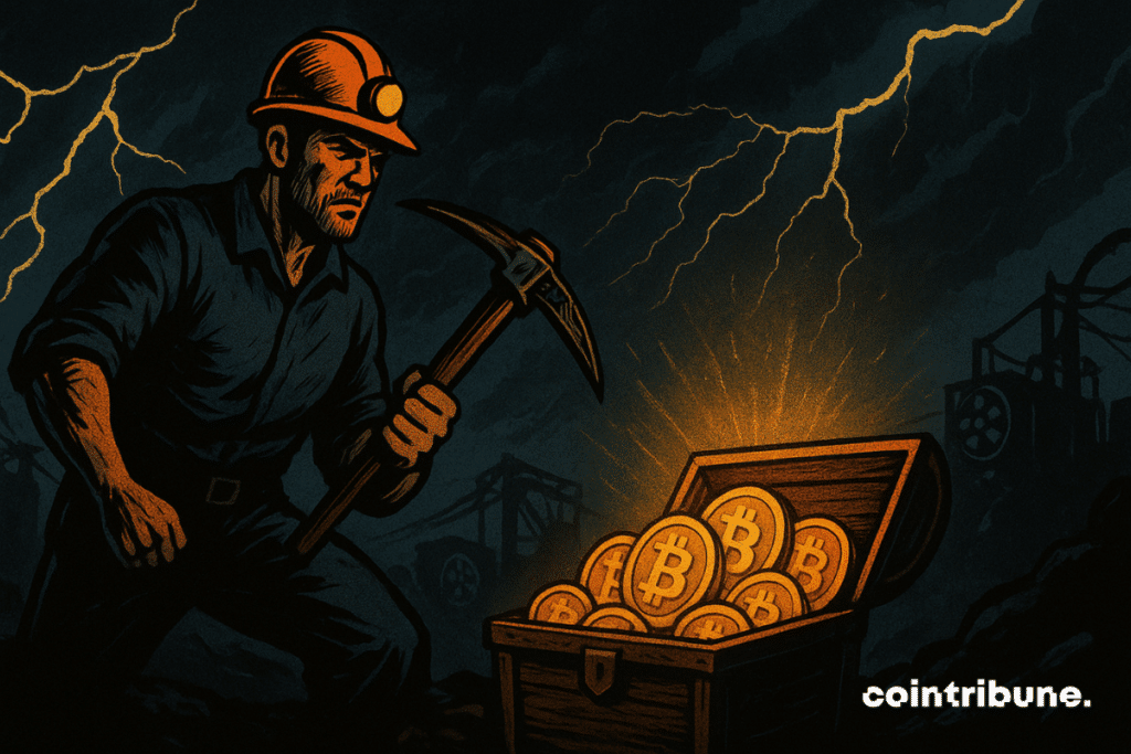 A determined miner faces an electrical storm, brandishing his pickaxe in front of a chest overflowing with glowing Bitcoins, creating a dramatic atmosphere.