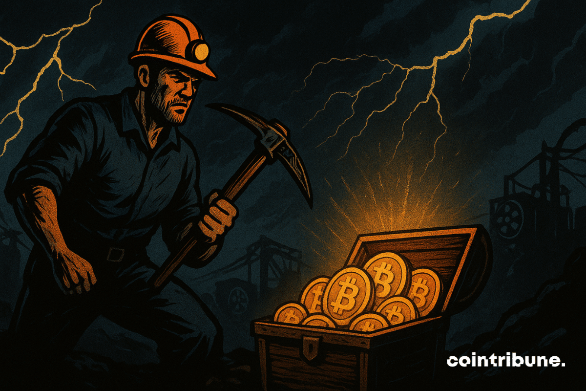 Un mineur déterminé affronte un orage électrique, brandissant sa pioche devant un coffre débordant de Bitcoins lumineux, ambiance dramatique.