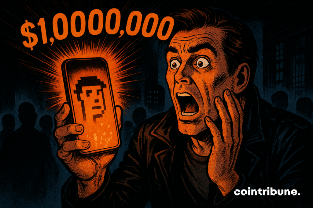 Un homme choqué regarde un téléphone lumineux affichant CryptoPunk et « 1 000 000 $ » en orange vif, dans le style bande dessinée des années 70.
