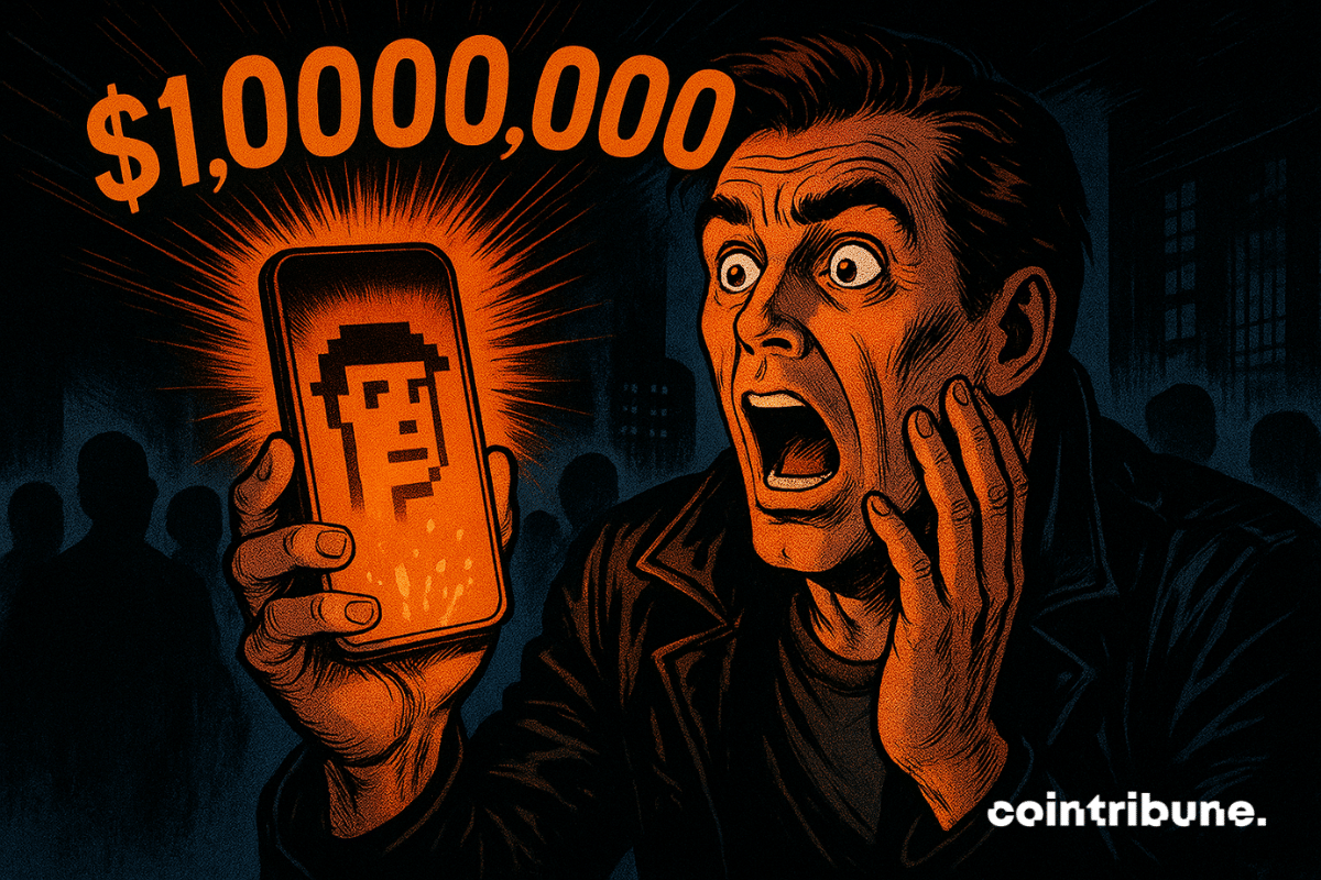 Un homme choqué regarde un téléphone lumineux affichant CryptoPunk et « 1 000 000 $ » en orange vif, dans le style bande dessinée des années 70.