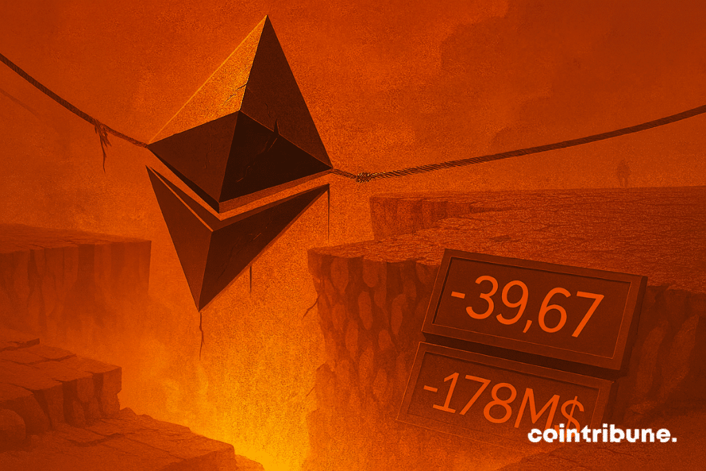 Ethereum suspendu au-dessus du vide, dans une ambiance orange brûlante