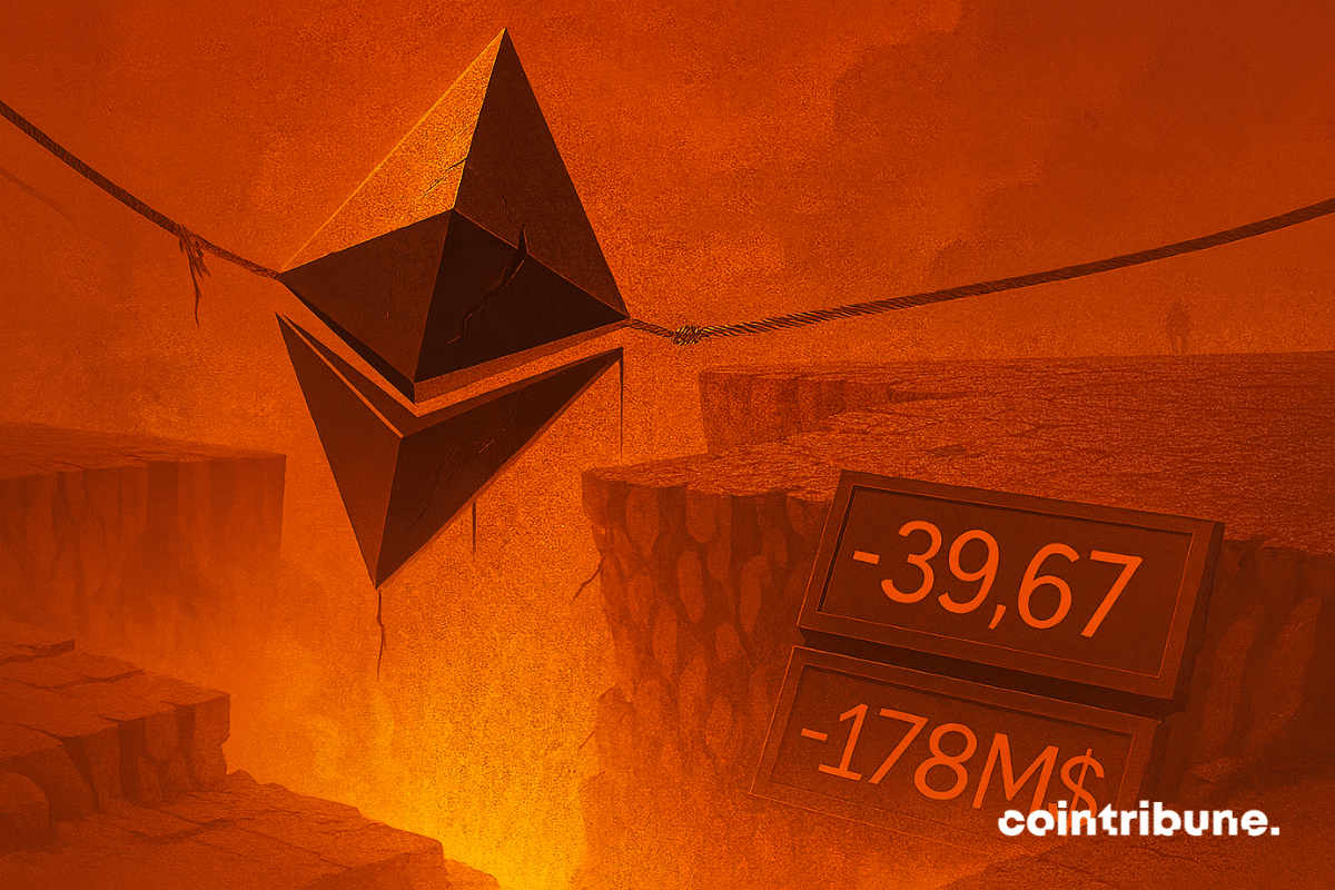 Ethereum suspendu au-dessus du vide, dans une ambiance orange brûlante