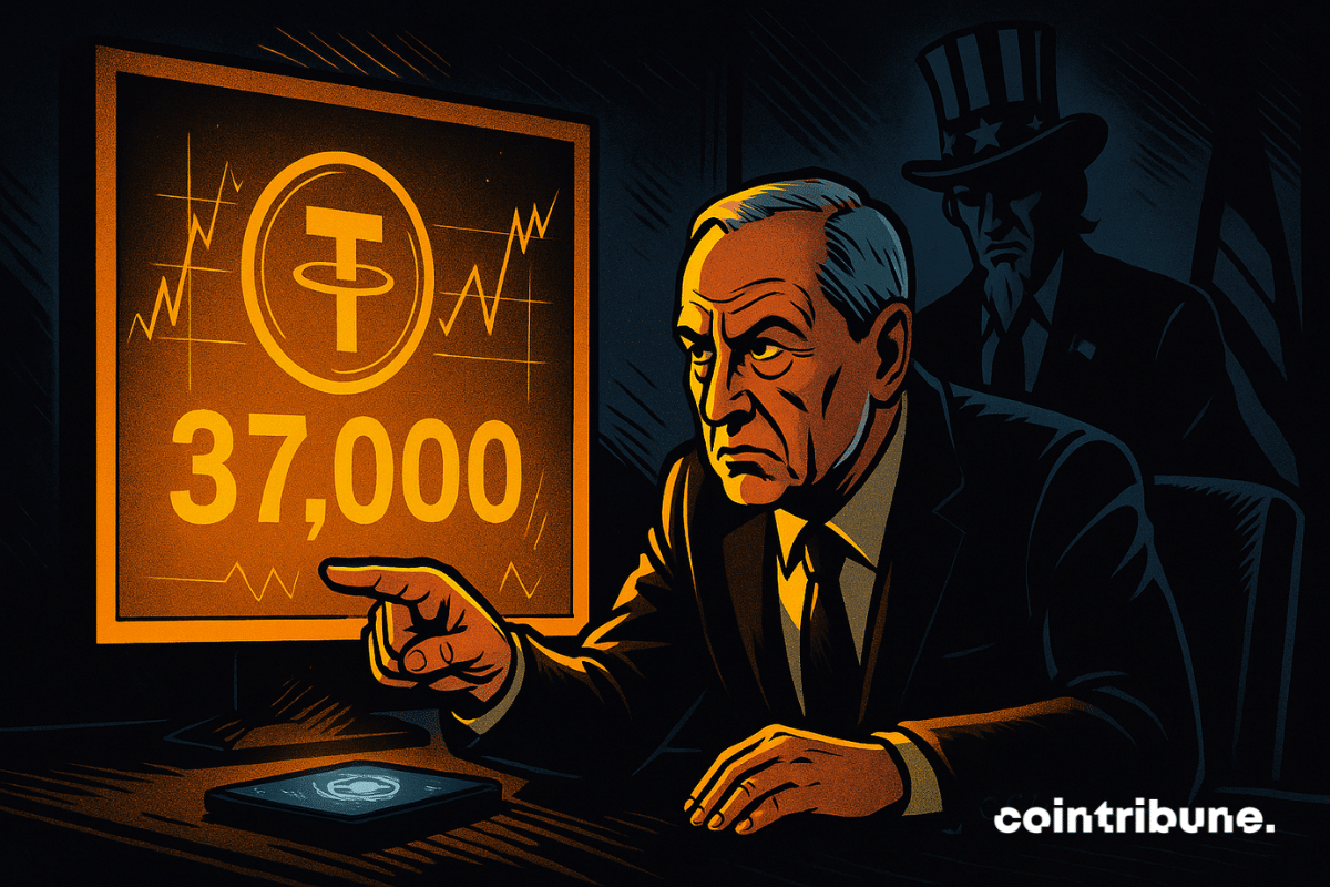 A Russian adviser accuses Washington of using stablecoins, pointing to a "37,000" screen, under the looming shadow of Uncle Sam.