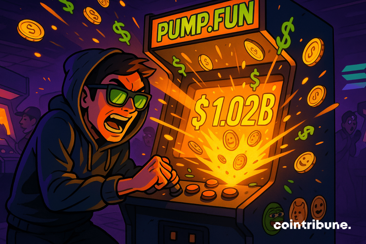 O fliperama Pump.fun explode com "US$ 1,02 bilhão" enquanto um trader de criptomoedas animado aperta botões.