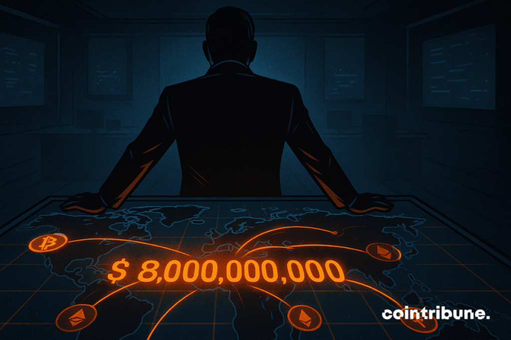 Hacker encapuchonné dans l’ombre, écran illuminé affichant 8 milliards de dollars, ambiance sombre, tension, crypto clandestine.