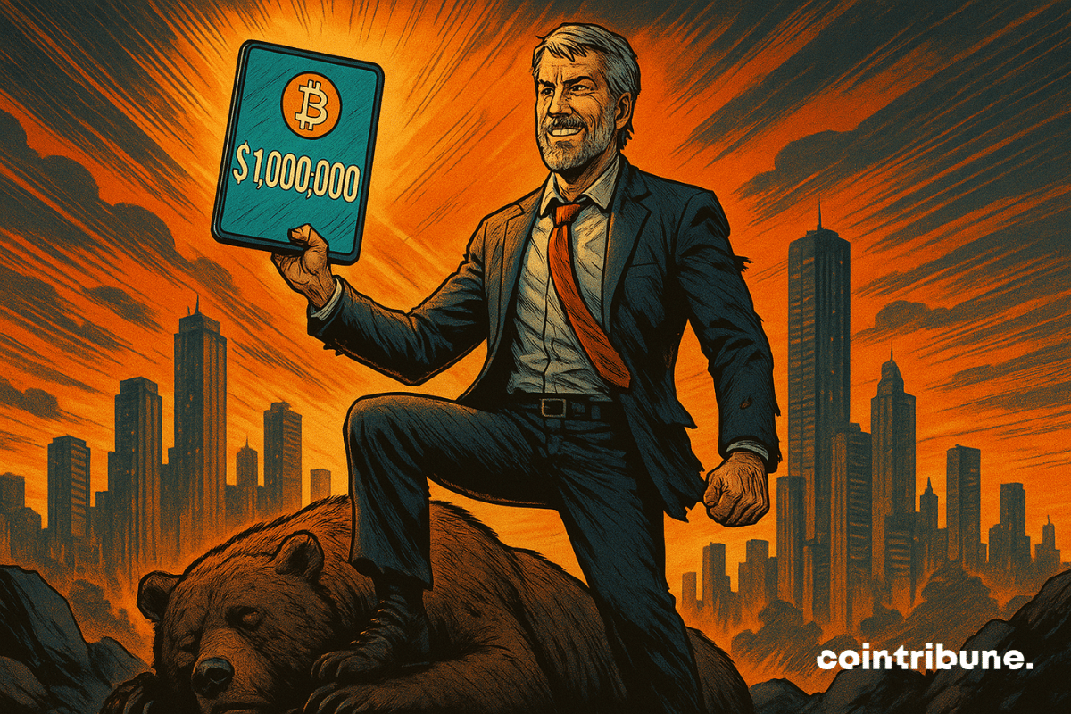 Michael Saylor triumphs over a defeated bear, holding up a screen displaying Bitcoin at ,000,000, in front of a city in flames.