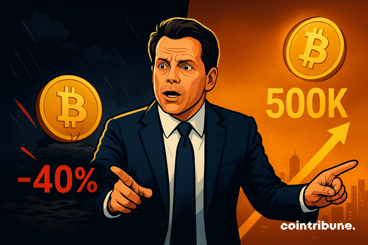 Scaramucci met en garde contre la division du Bitcoin : crash de -40 % côté gauche, hausse éclatante côté droit vers 500 000.