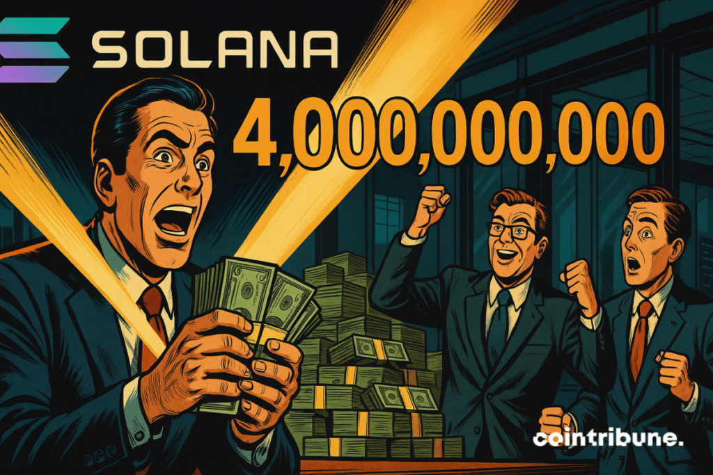 Tres hombres de negocios vestidos con traje celebran, asombrados, un botín de 4000 millones de dólares en billetes, bajo el logotipo de Solana.