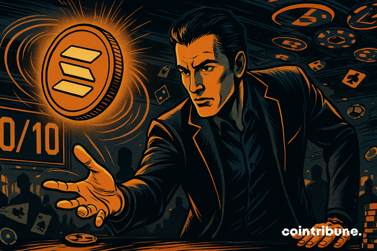 A man tosses a glowing Solana chip into a futuristic, powered-up casino, in front of a screen displaying "10/10."