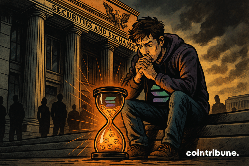An anxious young investor waits outside the SEC, lit by an orange hourglass filled with Solana logos symbolizing time.