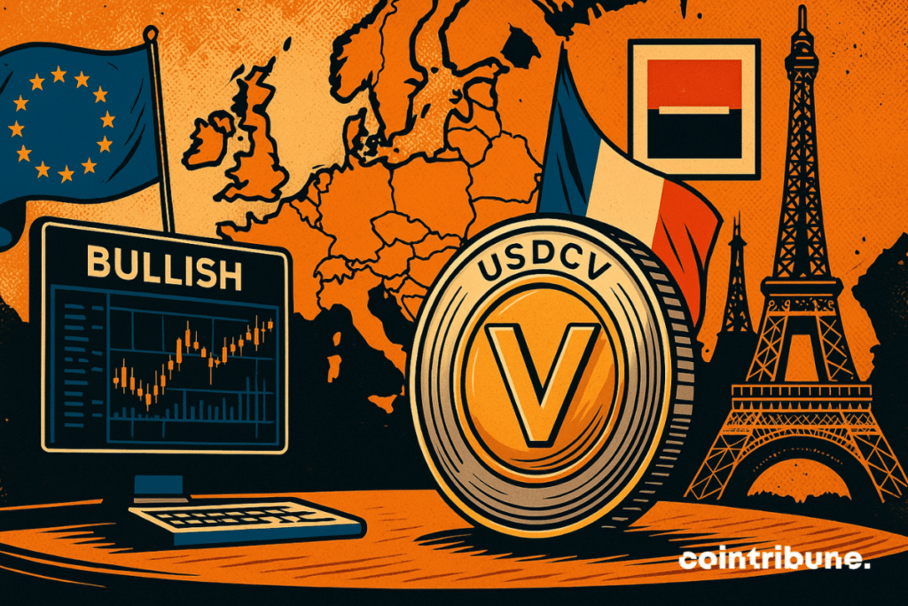 A stablecoin USDCV ergue-se imponente diante de símbolos europeus e franceses, ilustrando a união entre as finanças tradicionais e o cripto.
