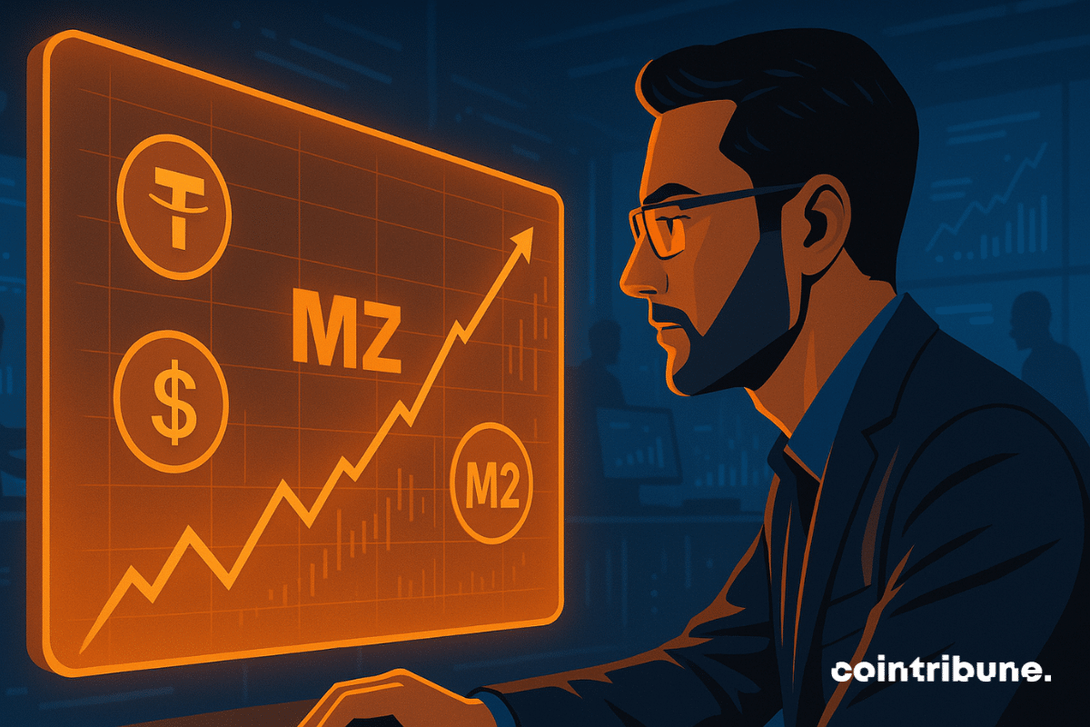 An analyst at Binance observing an orange holographic screen displaying data on stablecoins, the M2 index, and ETFs.