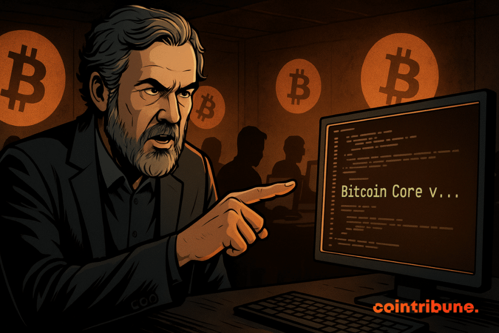 A determined man points to a screen displaying "Bitcoin Core," surrounded by anonymous silhouettes and glowing orange Bitcoin symbols.