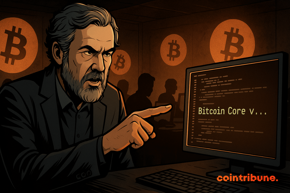 Un hombre decidido señala una pantalla que muestra "Bitcoin Core", rodeado de siluetas anónimas y símbolos de Bitcoin de color naranja brillante.