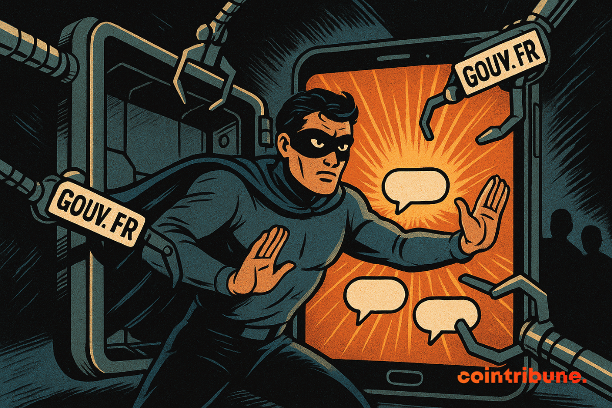 Um super-herói mascarado bloqueia braços robóticos identificados como "GOUV.FR" enquanto tenta acessar balões de bate-papo exibidos na tela de um smartphone. A cena simboliza a defesa da privacidade diante da vigilância do governo francês.
