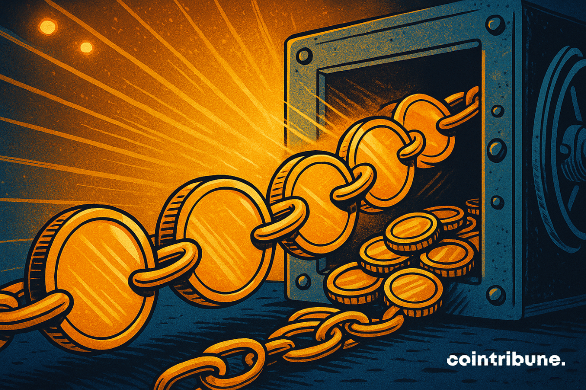 Illustration of gold coins linked in a blockchain chain flowing out of a secure vault, symbolizing the rise of tokenized gold assets like Tether’s XAUT and Paxos’ PAXG.