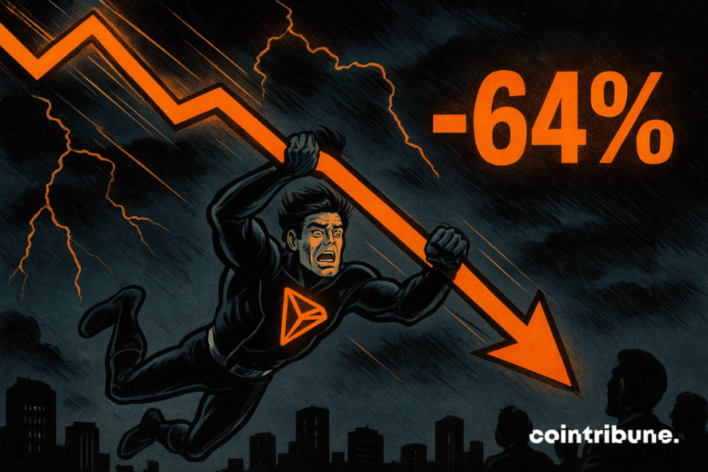Superhero with Tron logo clings to a crashing orange graph, lightning flashing, as “-64%” glows above.
