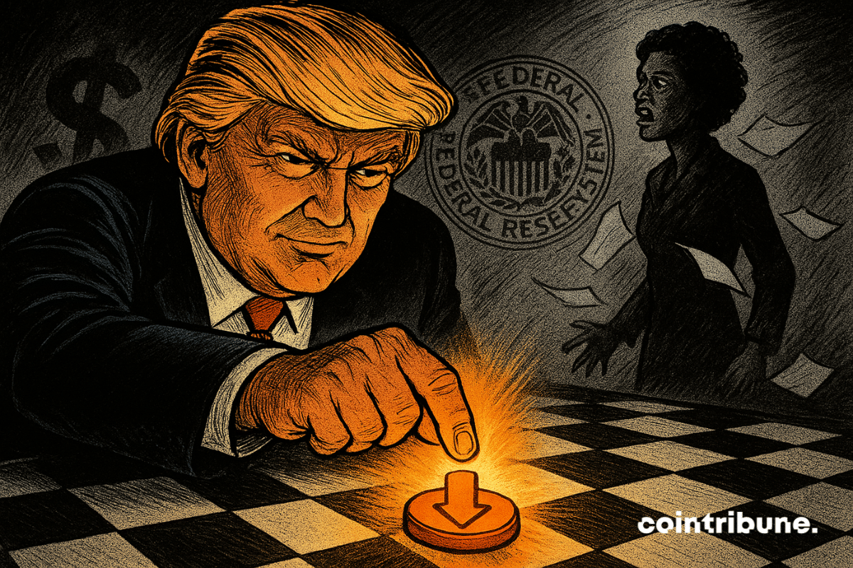 Trump slams a glowing orange button as Fed’s Cook recoils, dollar signs and Fed seal looming in shadow.