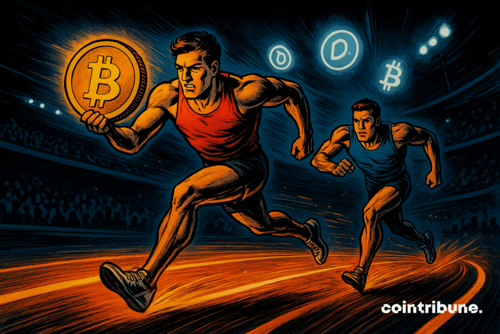 Dos líneas de estilo diseñadas en una pista criptográfica luminosa, una de ellas con una pieza Bitcoin gigante en la principal.