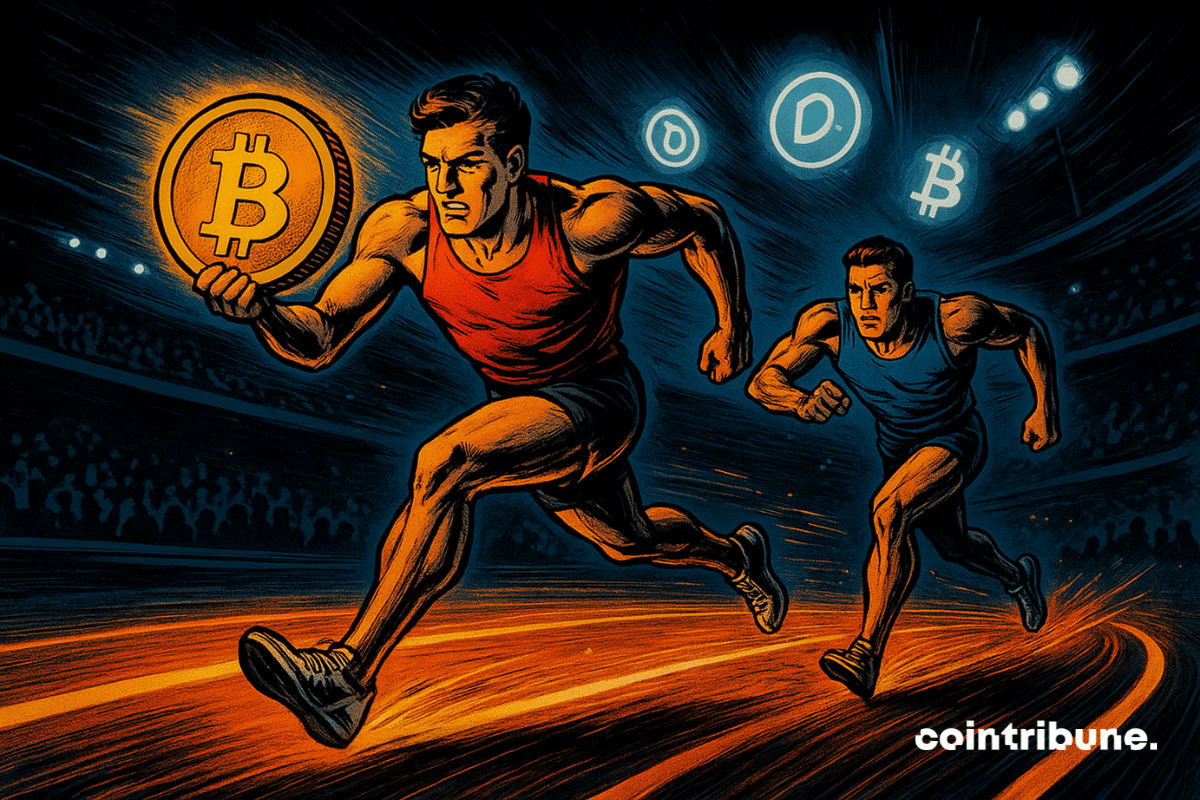 Deux coureurs de style bande dessinée courent sur une piste cryptographique lumineuse, l'un d'eux menant avec une pièce Bitcoin géante à la main.