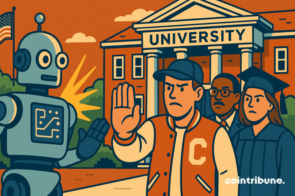 Un robot symbolisant l’IA est stoppé par des étudiants devant une université américaine : méfiance, tension, éducation et technologie.
