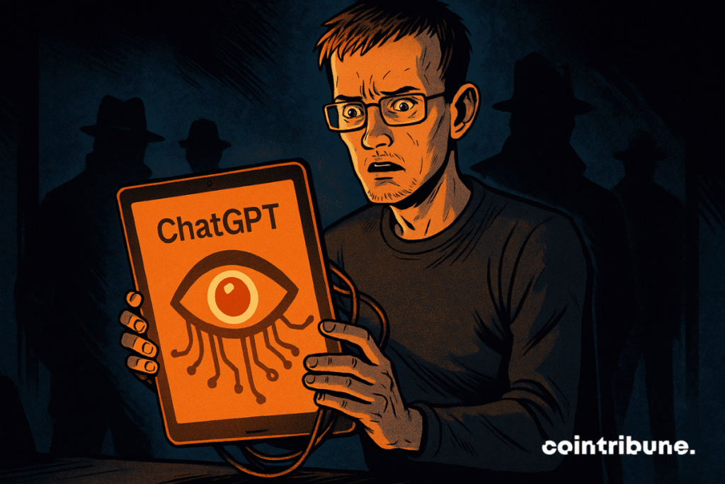 Vitalik Buterin découvre avec stupeur une tablette d'IA affichant un œil numérique menaçant, sous surveillance d’ombres mystérieuses.